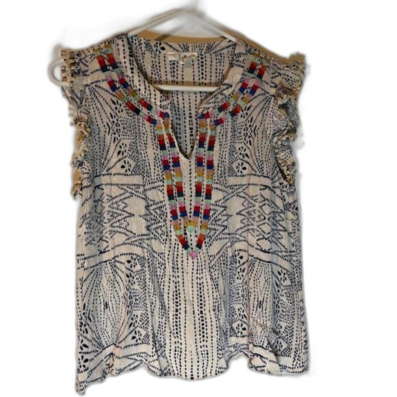THML Anthropolgie Modern Boho Embroidered White/Blue Print Ruffle Cap Slve Top S - Picture 1 of 6